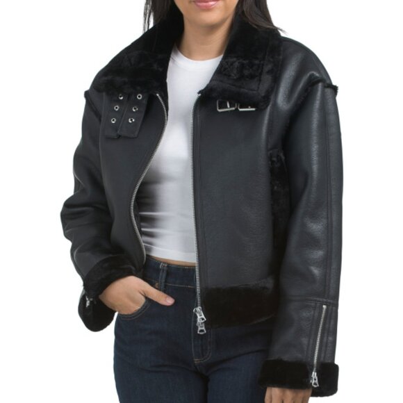 NWT $298 HUDSON Faux Leather Cropped Aviator Jacket Faux Fur Trim Black LARGE - Picture 1 of 4